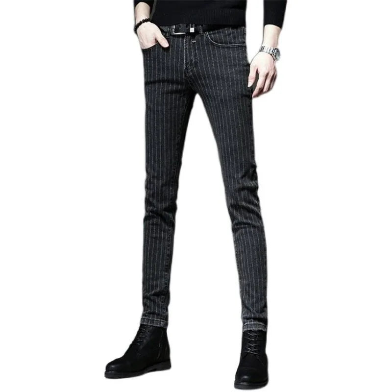 Men's Striped Slim Stylish Casual Pencil Pants Jeans Spring Autumn Korean Trendy Fashion Brand New Elastic Striped Long Trousers - Matrix Studios