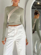 Fashion Women T-shirt Long Sleeve Crew Neck Solid Slim Fit Ladies Crop Top with Thumb Holes for Daily Streetwear Summer Camis - Matrix-studios.com