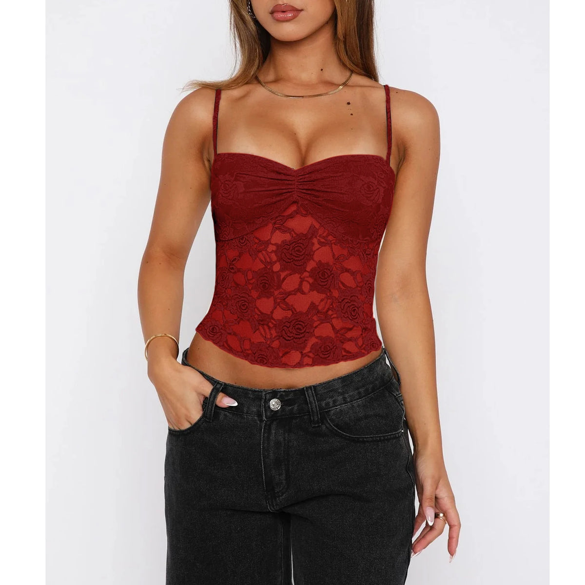 Women's Summer Lace Cami Tops Sleeveless Ruched Front Solid Color Camisole Slim Fit Tank Tops - Matrix-studios.com