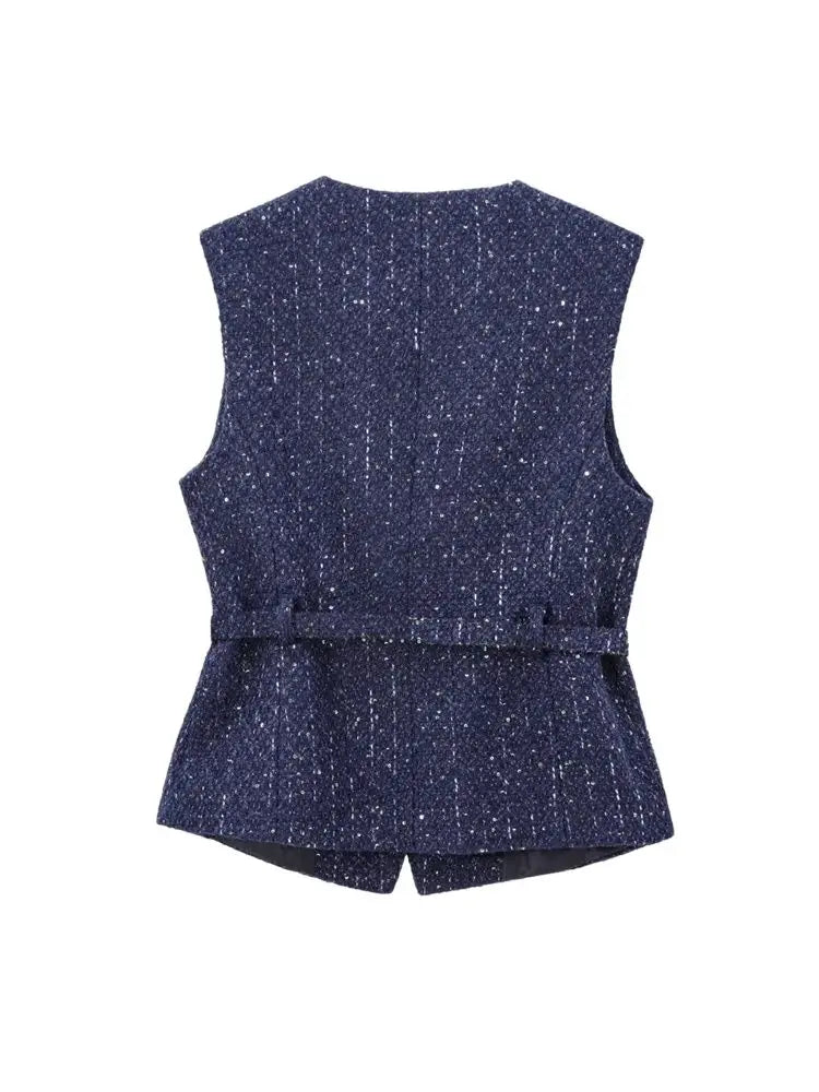 Women's Tweed Waistcoat with Belt, O Neck, Sleeveless, Front Button, Female Outerwear, Chic Tops, Fashion - Matrix Studios