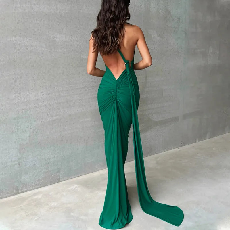 Hugcitar One Shoulder Backless Adjustable Scarf Loop Ruched Sexy Maxi Dress Women Elegant Y2K Streetwear Festival Outfit - Matrix-studios.com