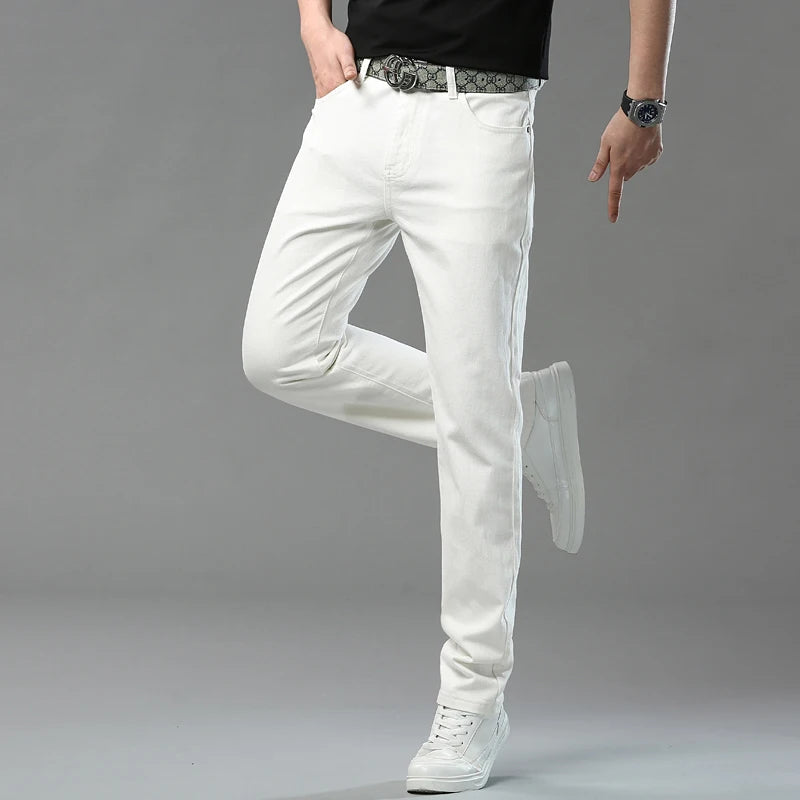2025 Autumn Men's Elastic Colorful Jeans Breathable Casual  Straight Fitted Solid Color Denim Pants Korean Fashion Trousers - Matrix Studios
