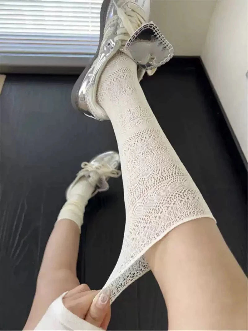 Sweet Mesh Hollowed Out White Pile Socks Transparent Nylon Lace Socks Thin Retro Flower Crew Socks Women Ladies - Matrix Studios