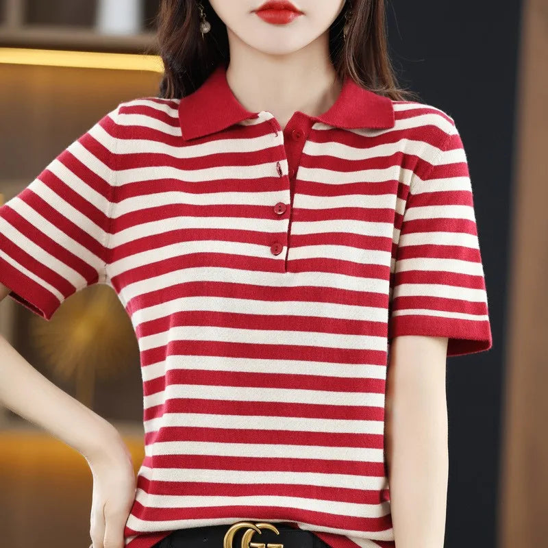 Summer 100% Cotton T-shirt Women Striped Clothing Korean Style POLO Neck Short Sleeve T-shirts Woman Fashion Casual Basic Tops - Matrix-studios.com
