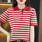 Summer 100% Cotton T-shirt Women Striped Clothing Korean Style POLO Neck Short Sleeve T-shirts Woman Fashion Casual Basic Tops - Matrix-studios.com