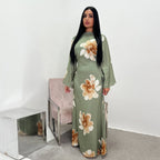 Arabesque Bell Sleeve Flowy Maxi Abaya Dress Elegant Floral Print Muslim Modest Long Dress Islamic Vacation Outfit Summer Robe - Matrix-studios.com