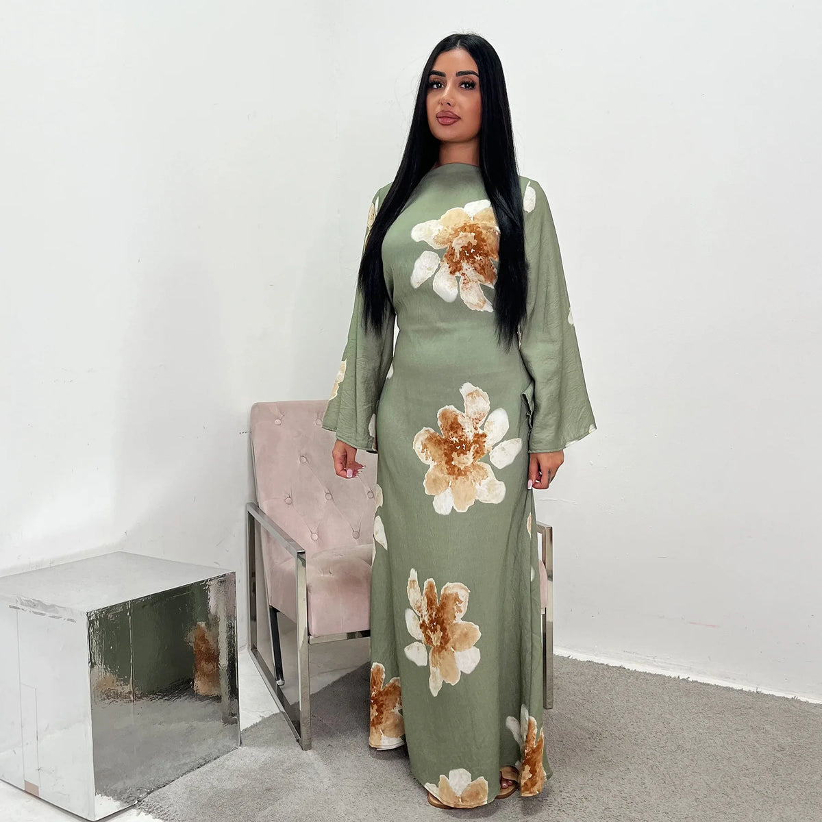 Arabesque Bell Sleeve Flowy Maxi Abaya Dress Elegant Floral Print Muslim Modest Long Dress Islamic Vacation Outfit Summer Robe - Matrix-studios.com
