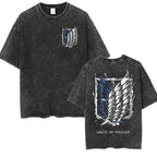 Anime Attack on Titan Vintage Washed Print T-shirt Mikasa Ackerman Eren Jaeger Wings of Freedom Logo Mens Summer Cotton T-shirts - Matrix Studios