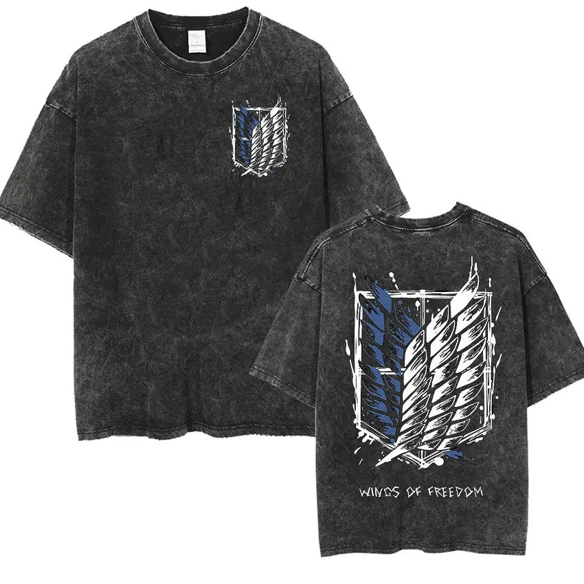 Anime Attack on Titan Vintage Washed Print T-shirt Mikasa Ackerman Eren Jaeger Wings of Freedom Logo Mens Summer Cotton T-shirts - Matrix Studios
