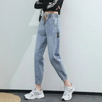 Cargo Jeans Women 2024 Spring and Autumn Korean Version of High Waist Pants Loose Slimming Straight Leg Bundle Haren Pants Tide - Matrix-studios.com
