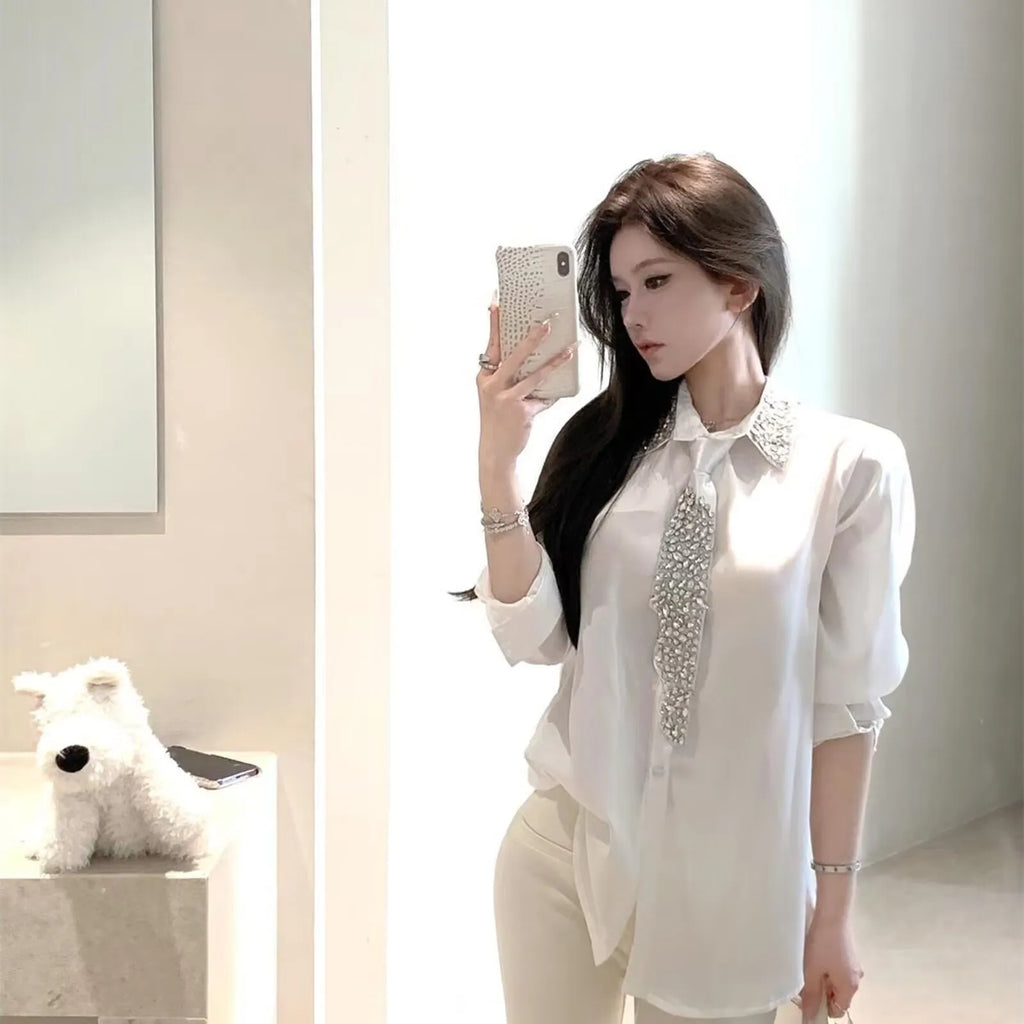 2025 Women's White Shirt New Spring Autumn Crystal Beading With Necktie Chiffon Shirt Female Blouses Ladies Tops Women Clothing - Matrix-studios.com