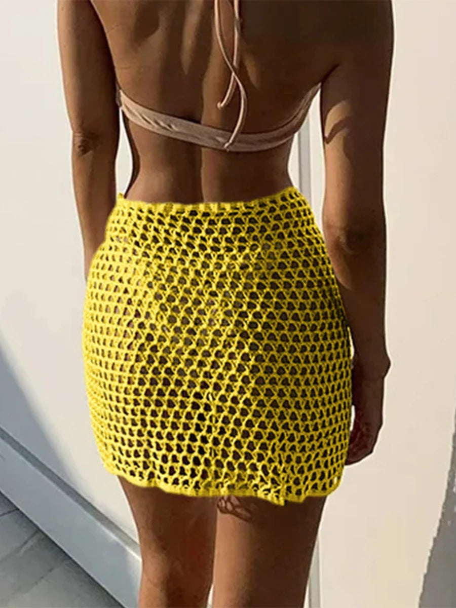 Women Beach Skirt Hollowed Solid Black White Yellow Green Knitted Mini Skirt For Women Summer Vacation Seaside Cover-Up Skirt - Matrix Studios