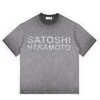 Summer American Street SATOSHI Tshirts Retro Washed Distressed Washed Faded Classic Letter Print Short Sleeve Men Women Tops - Matrix-studios.com
