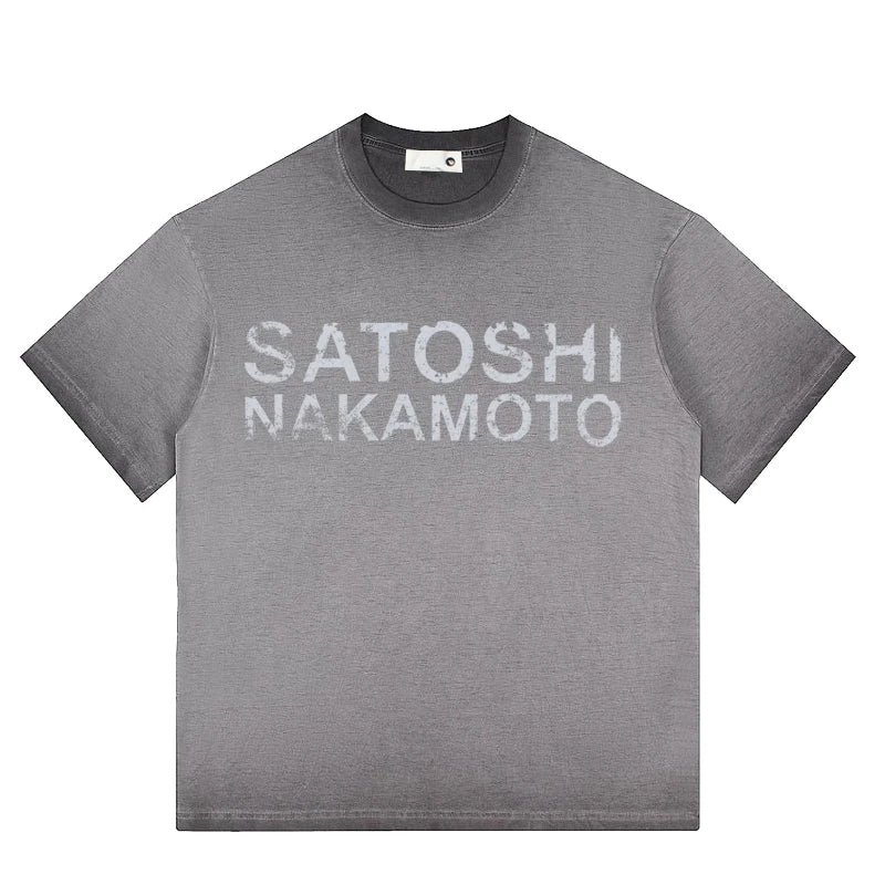 Summer American Street SATOSHI Tshirts Retro Washed Distressed Washed Faded Classic Letter Print Short Sleeve Men Women Tops - Matrix-studios.com