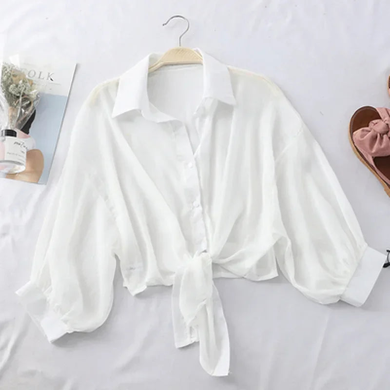 Casual Loose Hollow White Clothes Elegant Solid Color Tied Waist Blouse Women Summer Bat Half Sleeve Button Chiffon Shirt - Matrix-studios.com