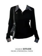 Preppy Polo Neck Plaid Long Sleeve Layered T Shirt Women Fake Two-piece Basic Top V Neck Button Blouses Tees Embroidery - Matrix-studios.com