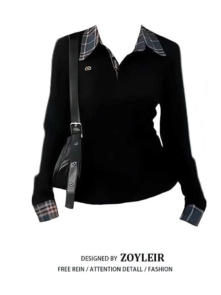 Preppy Polo Neck Plaid Long Sleeve Layered T Shirt Women Fake Two-piece Basic Top V Neck Button Blouses Tees Embroidery - Matrix-studios.com