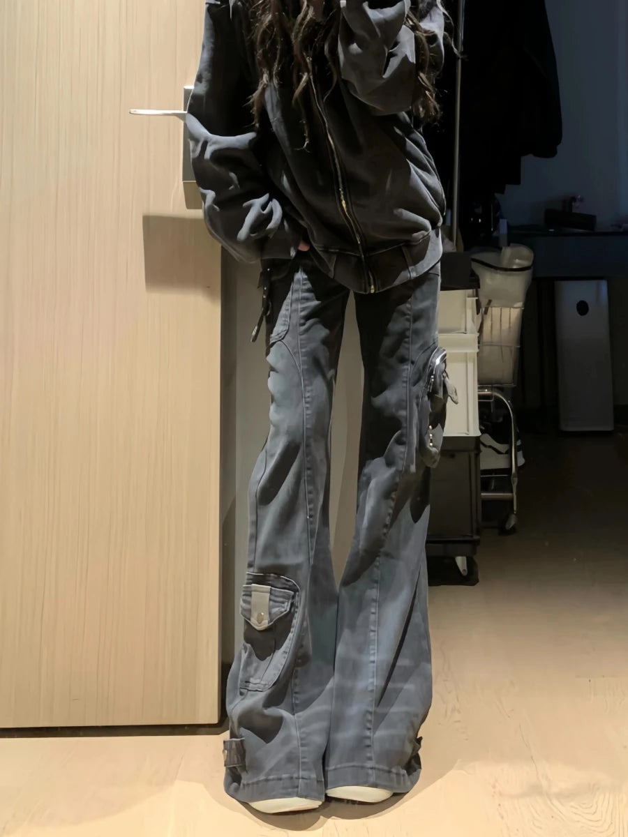 Women's Flare Cargo Jeans Harajuku Japanese Low Rise Denim Pants Abi Y2k Bell Bottom American Retro High Street Dark Academia - Matrix-studios.com