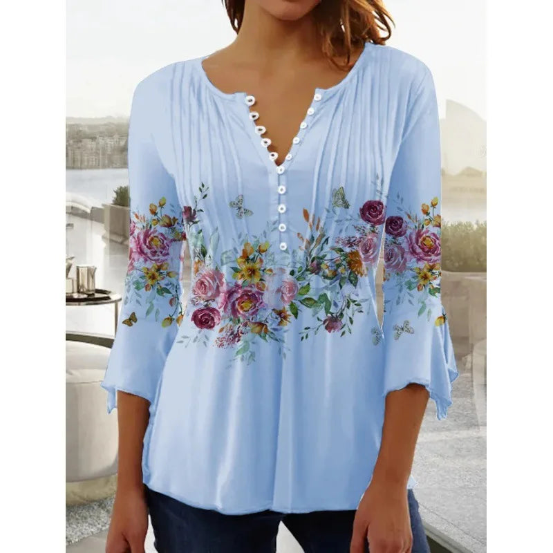 V-Neck Elegant Office Lady Blouses Tops Blusas 2024 Casual Trendy Summer Blouses Print Three Quarter Buttons Women Shirts S-3XL - Matrix-studios.com