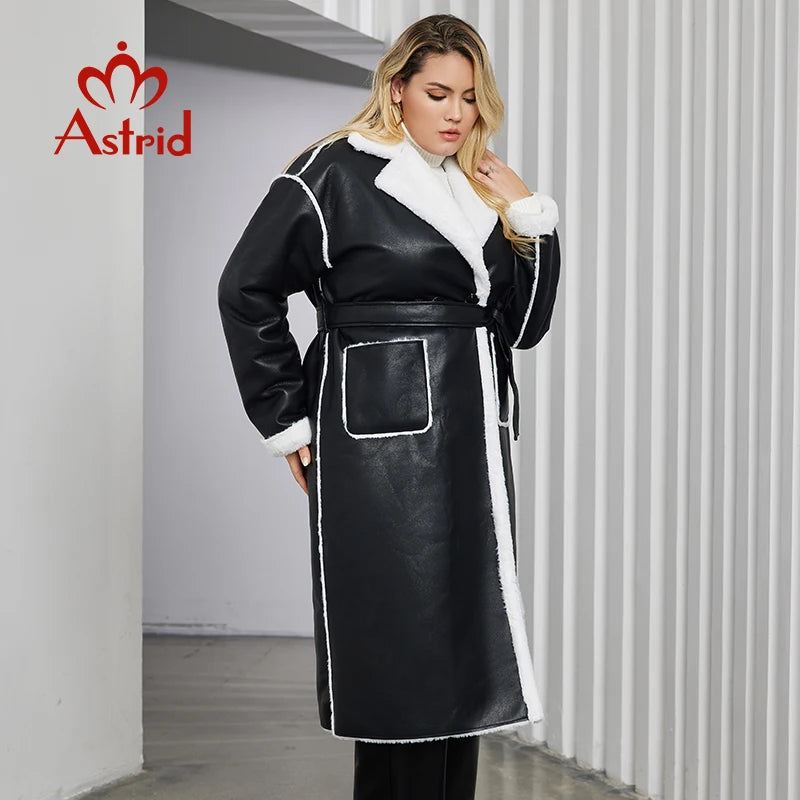 Astrid 2023 Winter Faux Leather Jacket Women Plus Size Long Warm Plush Collar Padded Coat Fashion Pocket Cotton Female Parkas - Matrix Studios