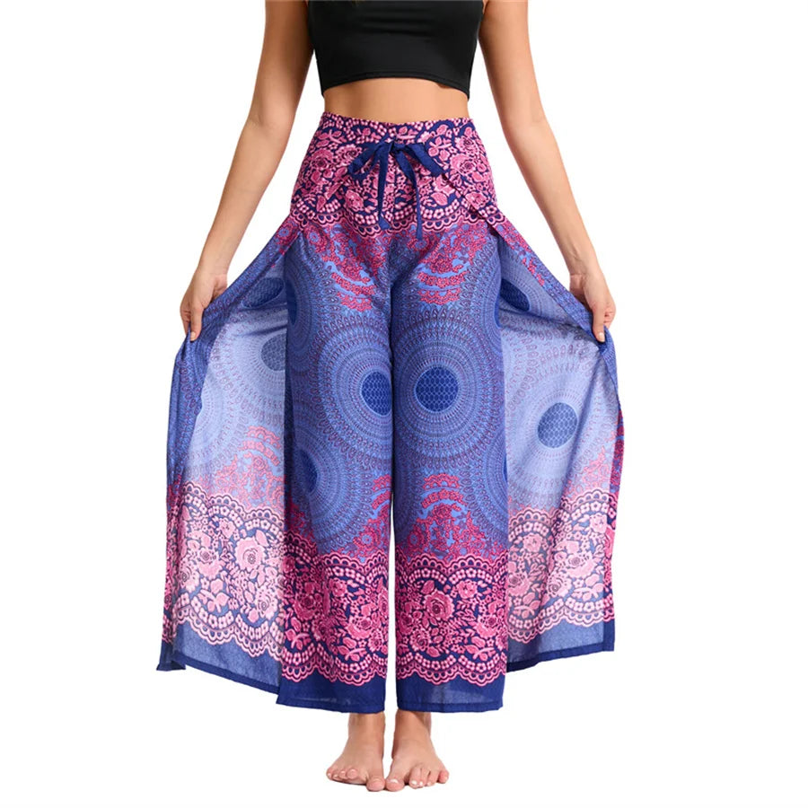 Women's Boho Palazzo Pants Wide Leg Yoga Wrap Tie Up Waistband Beach Cover Up Trousers Rayon Soft Breathable Loose Pants - Matrix Studios