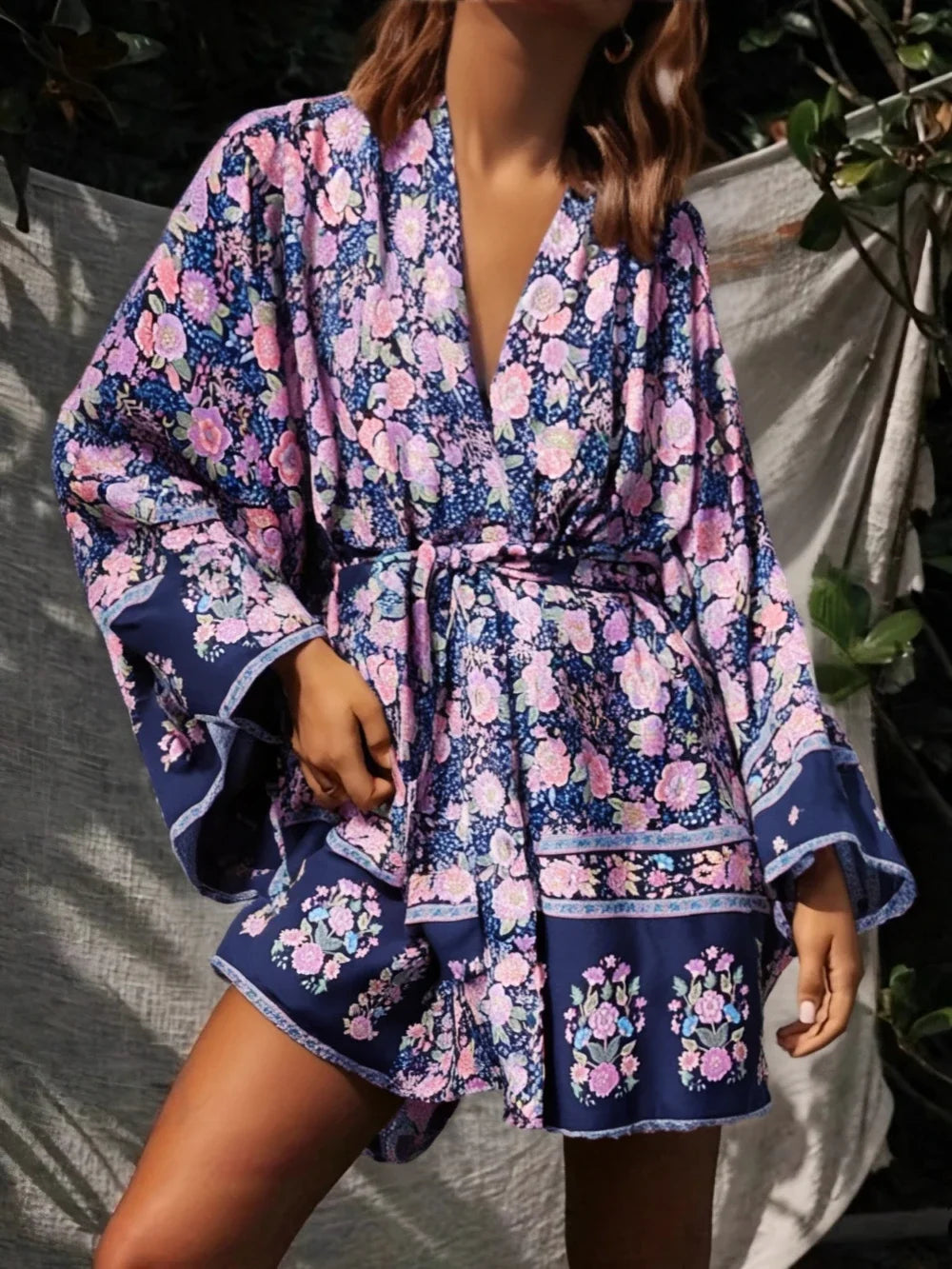 Multi Floral Print Sashes Kimono Women V Neck Batwing Sleeves Happie Bohemian Short Robe  Beach Boho Bikini Cover-ups - Matrix Studios