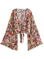 Boho Queens Women Wild Floral 2025 Beach Summer Short Kimono Ruffles Flare Sleeves Vacation Bohemian Bikini Boho Cover-ups - Matrix Studios