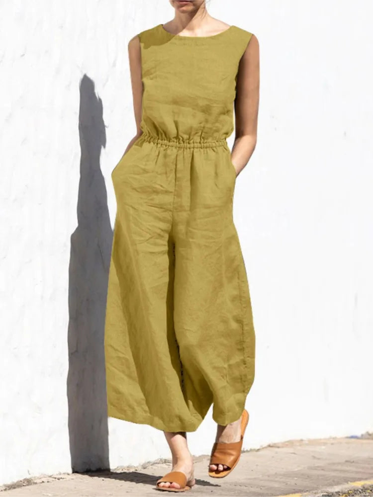 Cotton And Linen Jumpsuit Women Solid Color Sleeveless Pocket High Waist Wide Legs Jumpsuits Casual Commuting Ladies Bodysuits - Matrix Studios