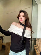 Women's Solid Color Slash Neck Ruffles Sweater Short Pullover Korean Fashion Chic Retro Style for Autumn Winter - Matrix Studios