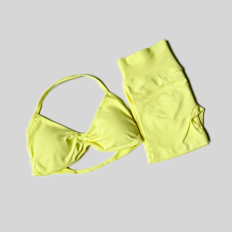 WAREBALL Gym Set Women 2 Piece Sets Halter Neck Tank Tops High Waist Scrunch Seamless Shorts Sport Suit Sportswear Workout Set - Matrix-studios.com
