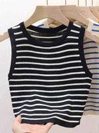 2026 Spring Summer New Sleeveless Ice Silk Knit Tank Top Striped O-Neck Women's Camisole Slim Fit Versatile Sexy Crop Tops - Matrix-studios.com
