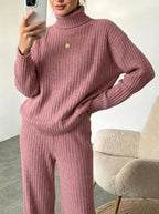 Women Turtleneck Knit 2 Piece Outfit Ribbed Long Sleeve Sweater Tops Wide Leg Pants Set Casual Loose Loungewear Tracksuit Daily Homewear