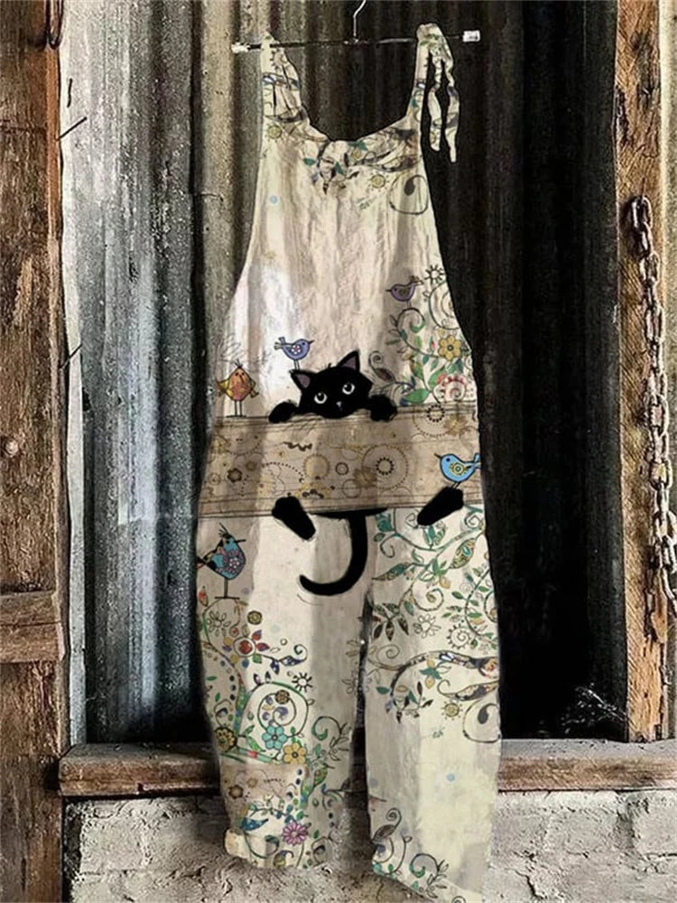 New Women Fun Cat Print Adjustable Strap Romper Autumn Wide Leg Romper Loose Casual Bib Overalls With Overalls Romper With Strap - Matrix Studios