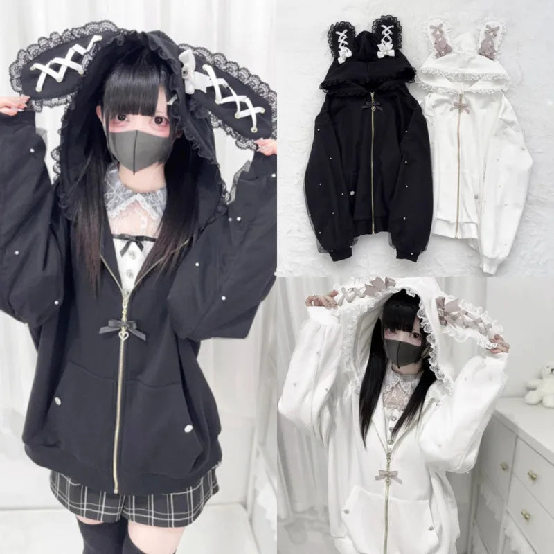 Bunny Hoodie Hoodies Y2K Rabbit Ear Hoodie Lolita Jacket Bow Girls Pearl JK Japan Lace Kawaii Zipper Cardigan Long Sleeved Top - Matrix Studios