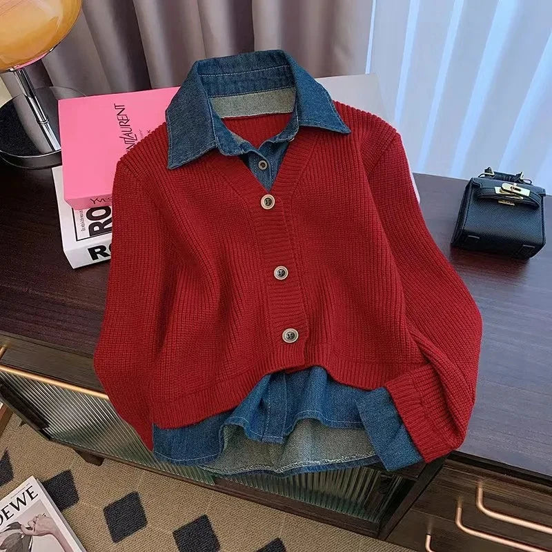 2025 Autumn Winter New Retro Fake Two-Piece knitted Cardigan Sweater Women's Fashion Spliced Denim Short Coat Female Casual Tops - Matrix Studios