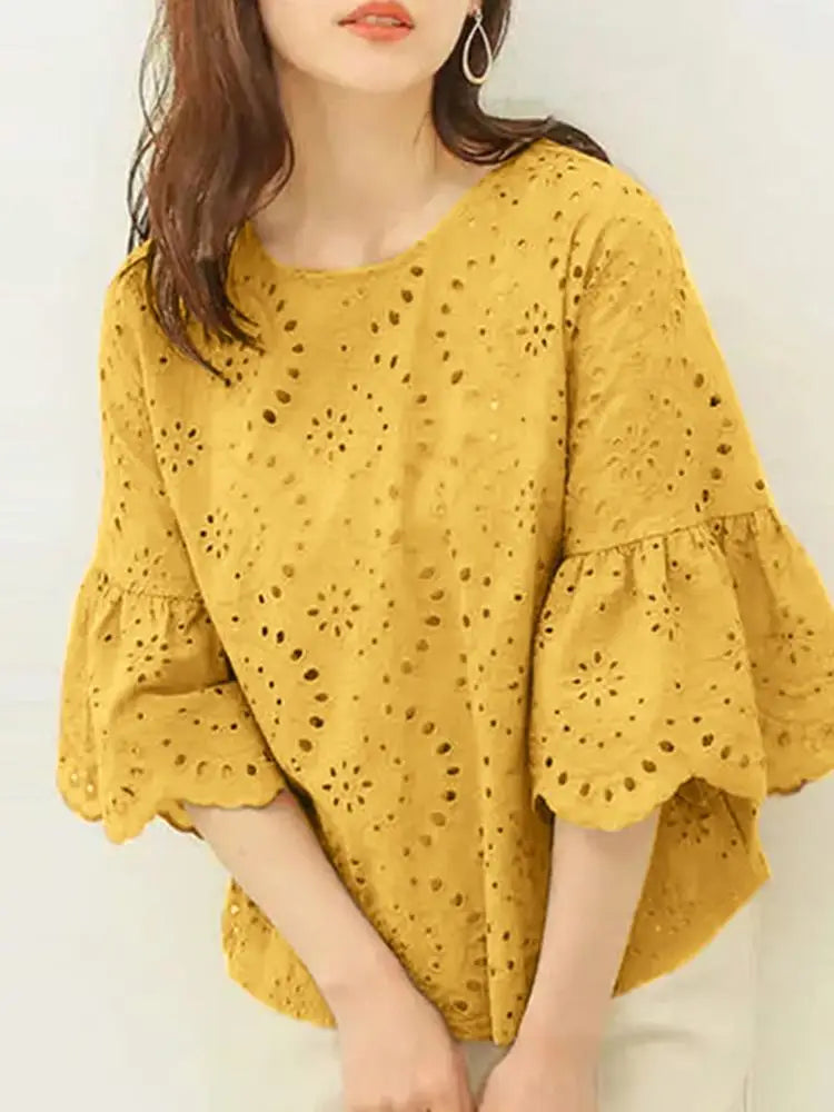 ZANZEA Fashion Summer 3/4 Sleeve Hollow Out Blouse Women Elegant Lace Crochet Tops Casual Loose Embroidery Shirt Work Blusas - Matrix-studios.com