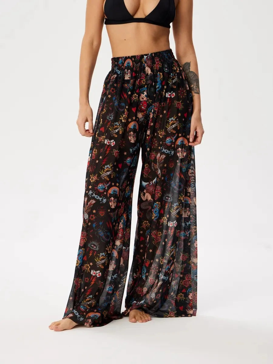 Women Mesh Ruffle Trim Cover Up Pants Beach Cover Up Cover Ups For Swimwear Beach Ruffle Pants 2025 Summer Pants - Matrix Studios