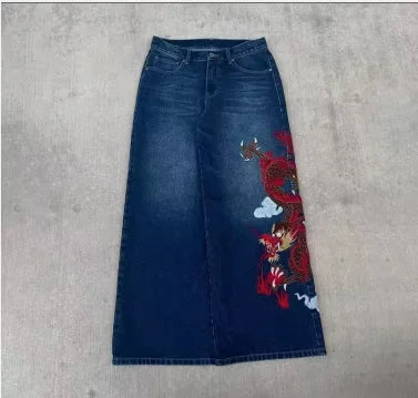 American Trend Retro Gothic Embroidery Graphics Washed Baggy Jeans Women's Y2K New Harajuku Hip-Hop Punk Rock Couple Street Wear - Matrix Studios