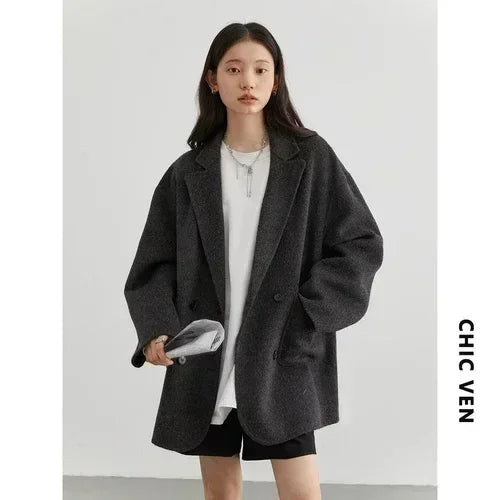 CHIC VEN Women's Woolen Coats Loose Casual Double Breasted Retro Double-sided Jacket Office Lady Outerwear Autumn Winter 2026 - Matrix-studios.com