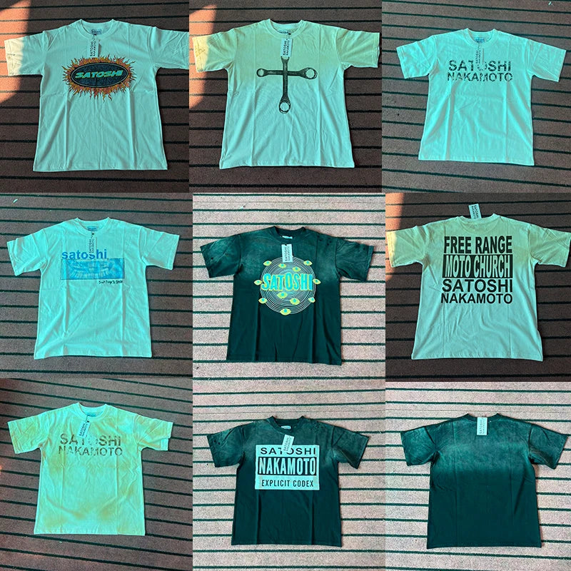 Multi-styles Satoshi T-shirt Loose Fit Oversized High Street Vintage Washed Distressed Letter Print Men's Short Sleeve T Shirt - Matrix-studios.com