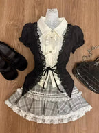 Japanese Sweet Preppy Style 2 Piece Set Women Kawaii Lace Patchwork Bow Tops + Y2k Plaid Mini Skirt Elegant Fashion Outifits New - Matrix-studios.com