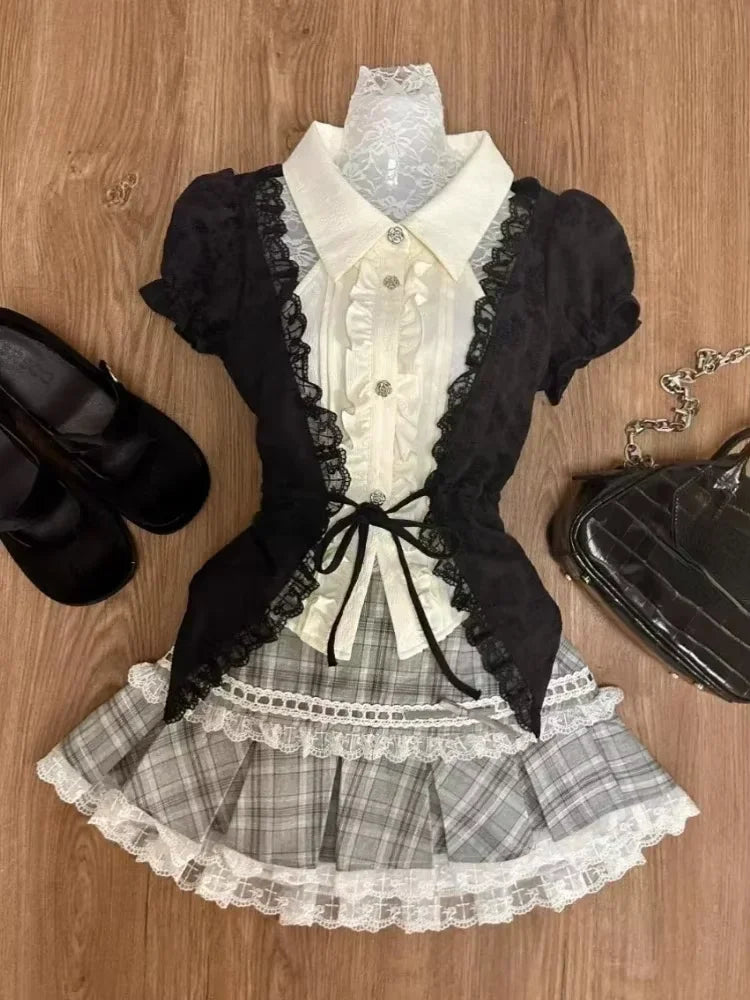 Japanese Sweet Preppy Style 2 Piece Set Women Kawaii Lace Patchwork Bow Tops + Y2k Plaid Mini Skirt Elegant Fashion Outifits New - Matrix-studios.com