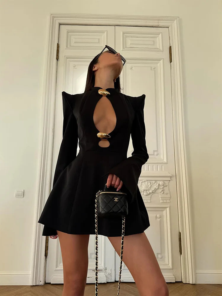 CNYISHE Metal Buckle Hollow Out Women Dresses Autum Fashion Solid O Neck Sheath Long Sleeve Sexy Club Female Bodycon Chic Robes - Matrix-studios.com