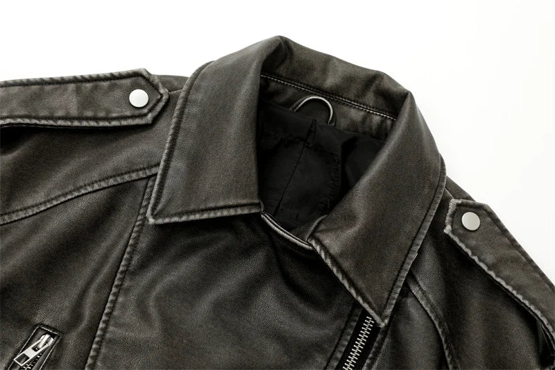 2025New Coal graysty le Women's washed leather jacket with belt, short coat with downgraded zipper and vintage lapel jacket - Matrix Studios