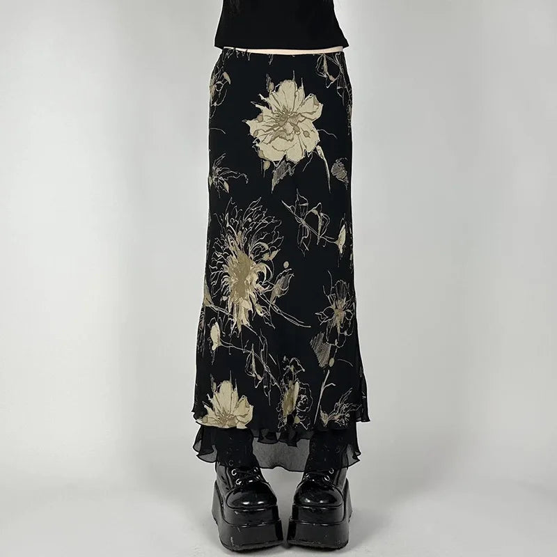 Goth Dark Y2K Aestheics Double Layer Mesh A-line Skirt Women Fashion Florals Print Slim Skirts Fairy Streetwear Gothic Bottoms - Matrix-studios.com