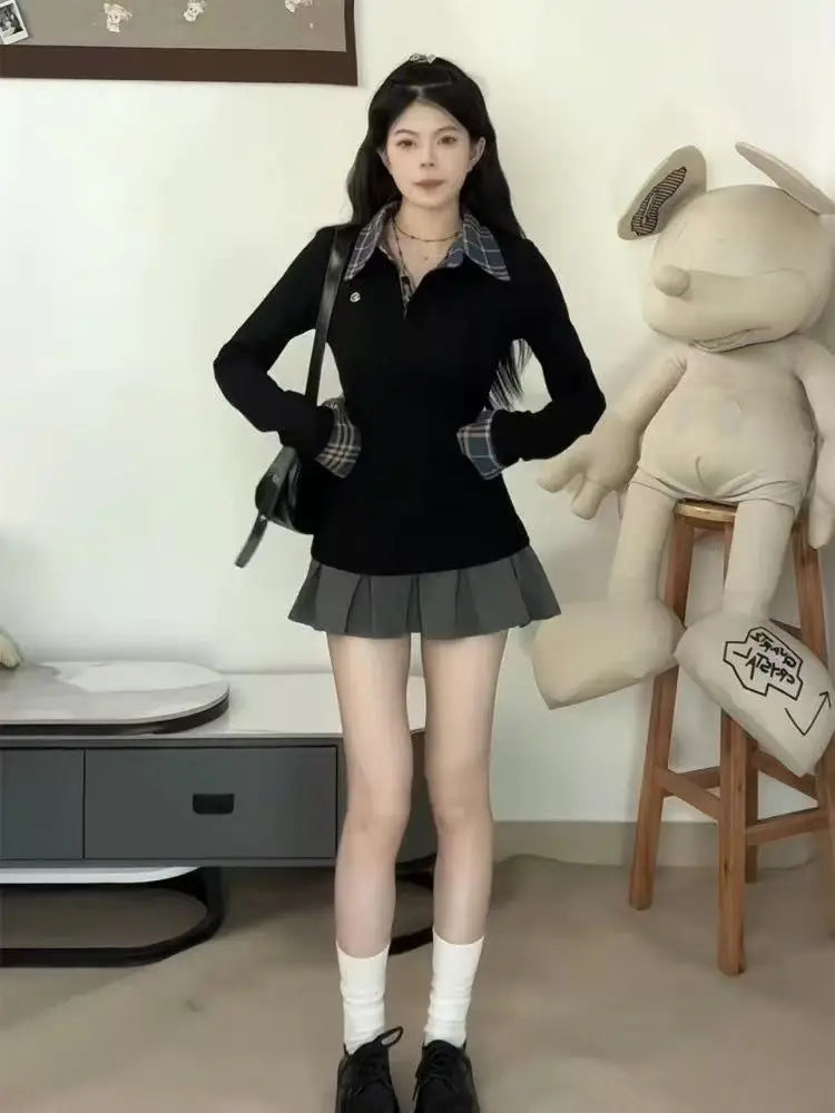 American POLO Collar Checkered Long-sleeved T-shirt Women Spring Fall New Slim Fit Embroidered Elegant Fake Two-piece Top - Matrix-studios.com