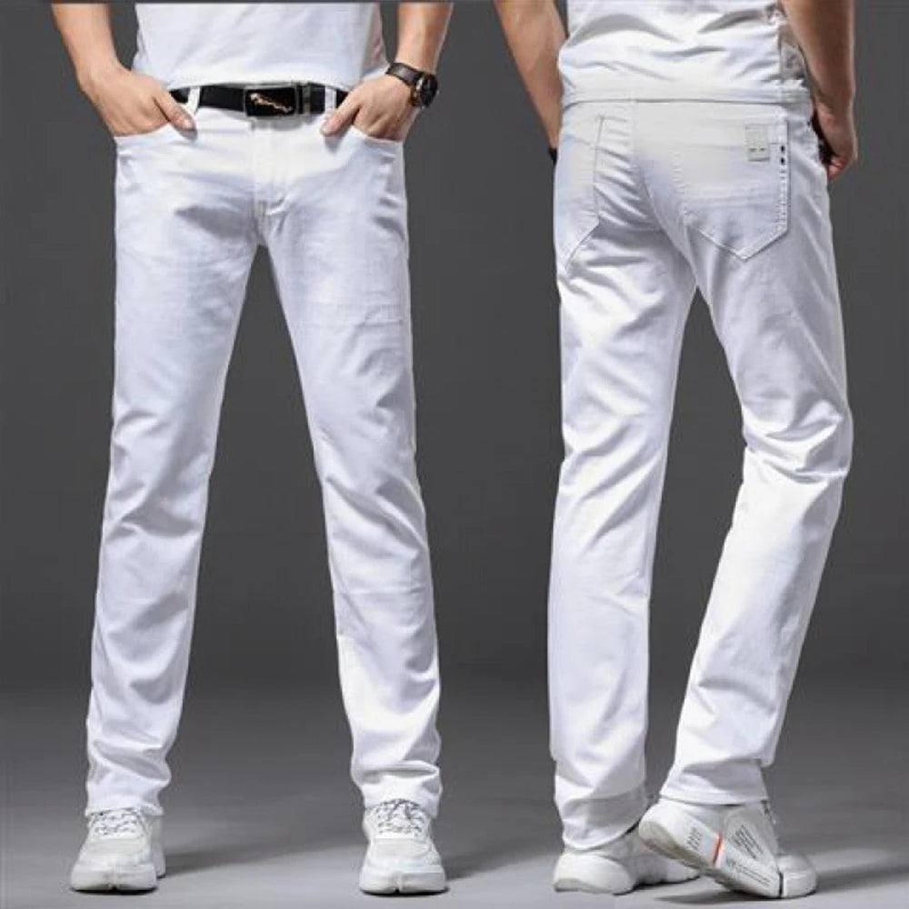 Men White Jeans Elasticity Straight Slim Fit Casual Soft Business Classic Brand Trousers Fashion Advanced Stretch Denim Pants - Matrix Studios