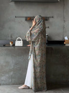 Middle Eastern Elegant Arabic Traditional Cardigan Long-Sleeved Floral Print Abaya Robe with Headscarf - Matrix-studios.com