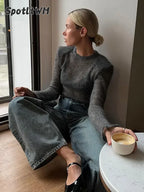 2026 New Fashion Solid Round Neck Thin Knitted Sweater Elegant Long Sleeve Bodycon Pullover Autumn Lady Commuting Street Outwear - Matrix Studios