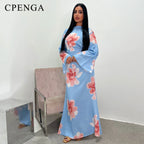 Arabesque Bell Sleeve Flowy Maxi Abaya Dress Elegant Floral Print Muslim Modest Long Dress Islamic Vacation Outfit Summer Robe - Matrix-studios.com
